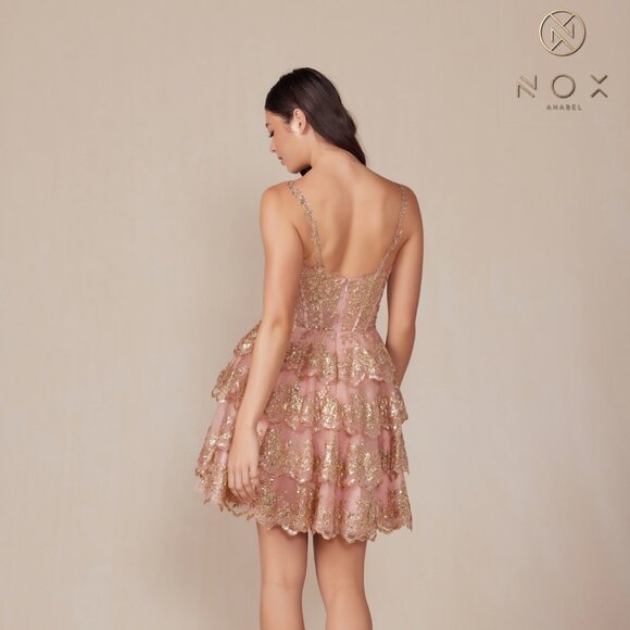 NEW FORMAL SLEEVELESS RUFFLED SEQUINS EMBELLISHED DRESS W/ RUFFLED SKIRT NX E914 - Picture 7 of 9